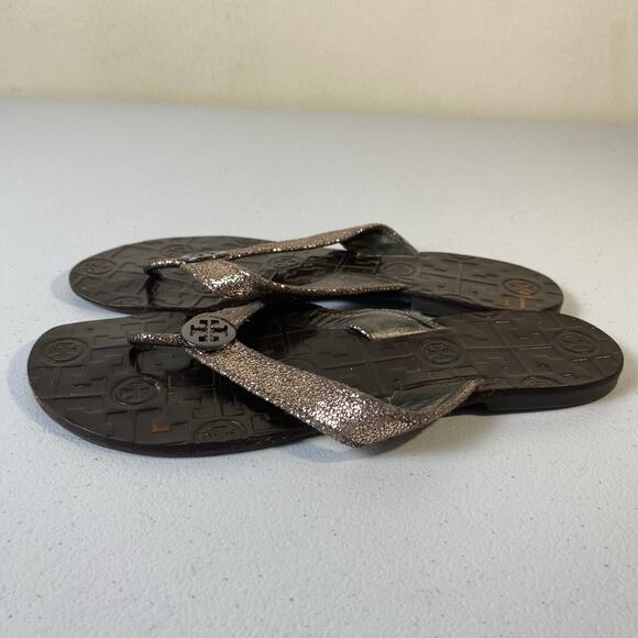 Tory Burch Women's Size 7 Thora Sandals Flip Flop Thongs Metallic Pewter Leather - Picture 3 of 12